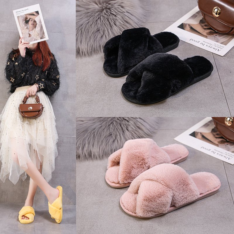 Winter Home Slippers Shoes Ladies Cross Soft Plush Furry Female Open Toe Slides Women Warm Faux Fur Slippers