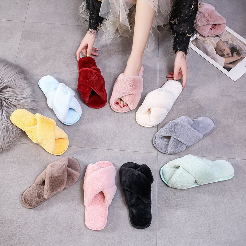 Winter Home Slippers Shoes Ladies Cross Soft Plush Furry Female Open Toe Slides Women Warm Faux Fur Slippers