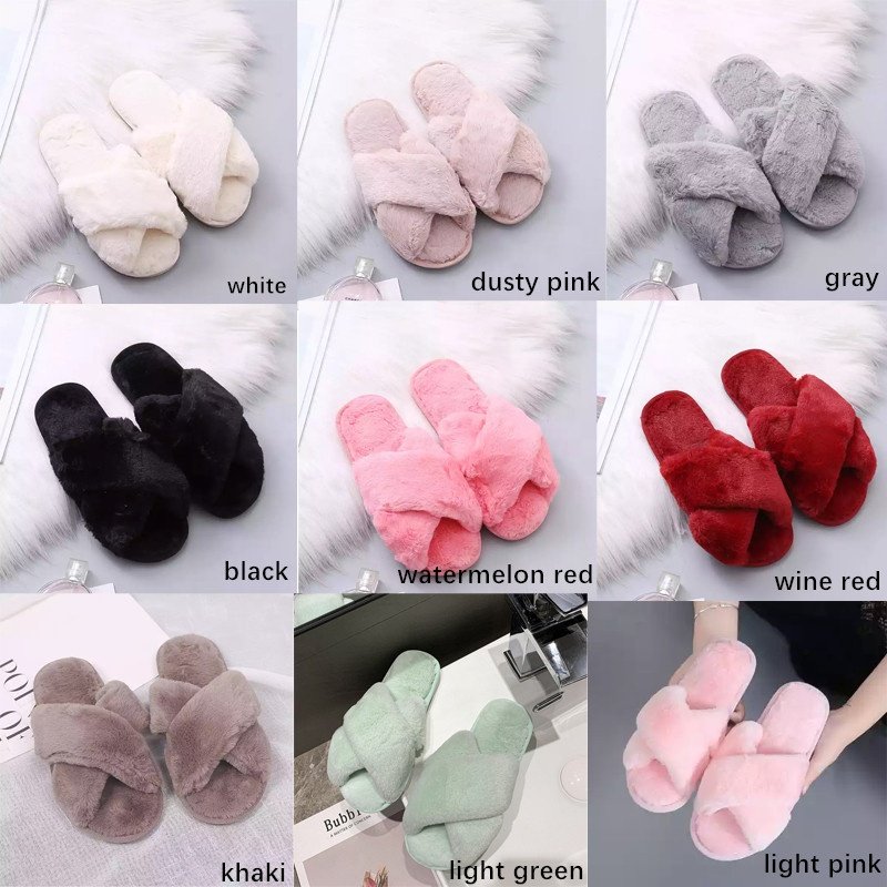 Winter Home Slippers Shoes Ladies Cross Soft Plush Furry Female Open Toe Slides Women Warm Faux Fur Slippers
