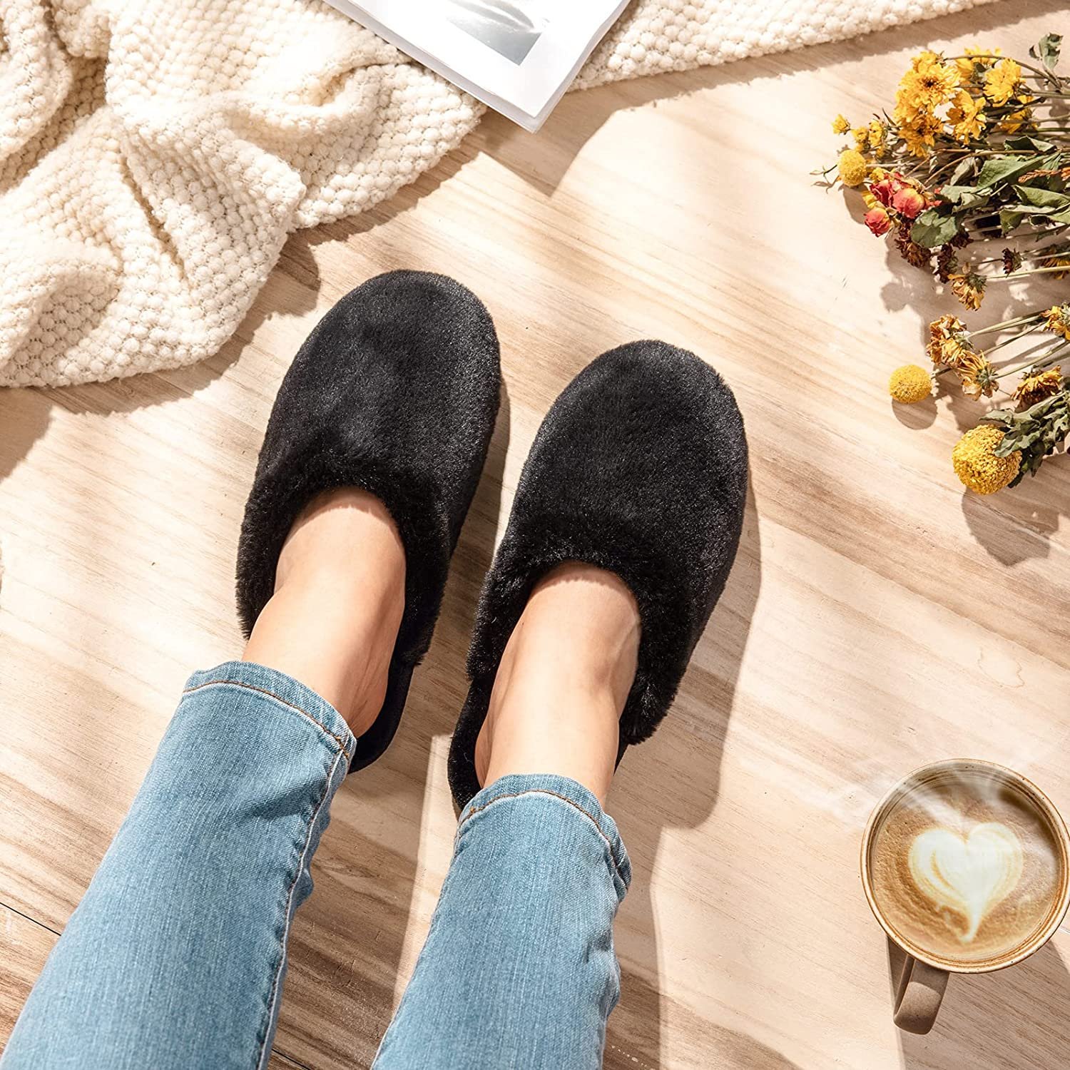 Women's Fuzzy House Memory Foam Slippers, Furry Faux Fur Lined Bedroom Shoes, Cozy Indoor Winter Home Slide Slippers