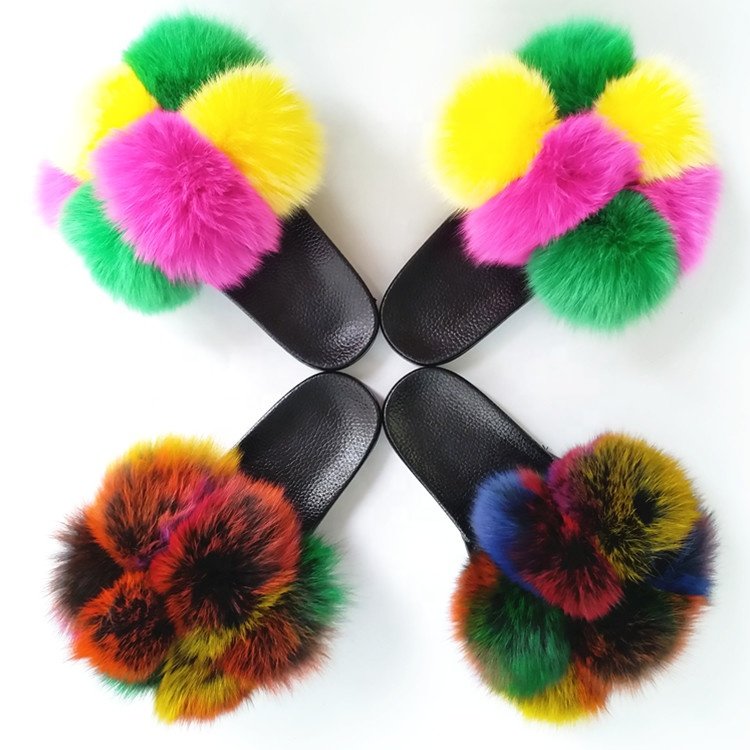2020 Luxury Ladies Real Fox Fur Pom Poms EVA sole outdoor pompon furball Sandals Fashion natural fox fur Slippers
