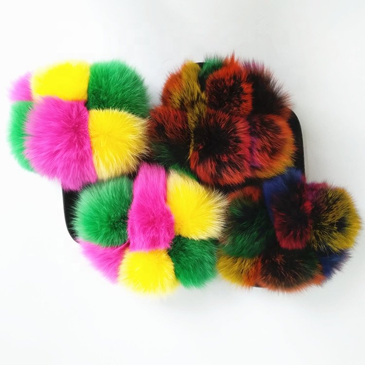 2020 Luxury Ladies Real Fox Fur Pom Poms EVA sole outdoor pompon furball Sandals Fashion natural fox fur Slippers