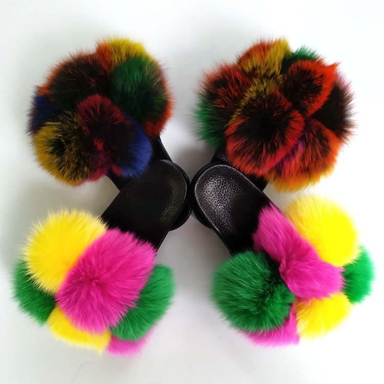 2020 Luxury Ladies Real Fox Fur Pom Poms EVA sole outdoor pompon furball Sandals Fashion natural fox fur Slippers