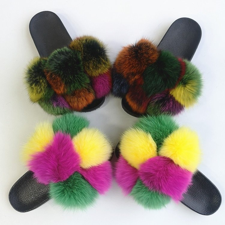 2020 Luxury Ladies Real Fox Fur Pom Poms EVA sole outdoor pompon furball Sandals Fashion natural fox fur Slippers