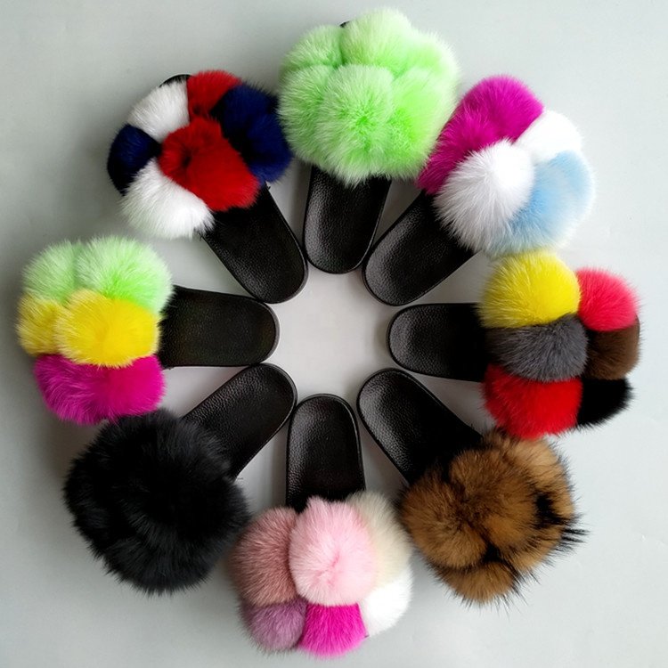 2020 Luxury Ladies Real Fox Fur Pom Poms EVA sole outdoor pompon furball Sandals Fashion natural fox fur Slippers