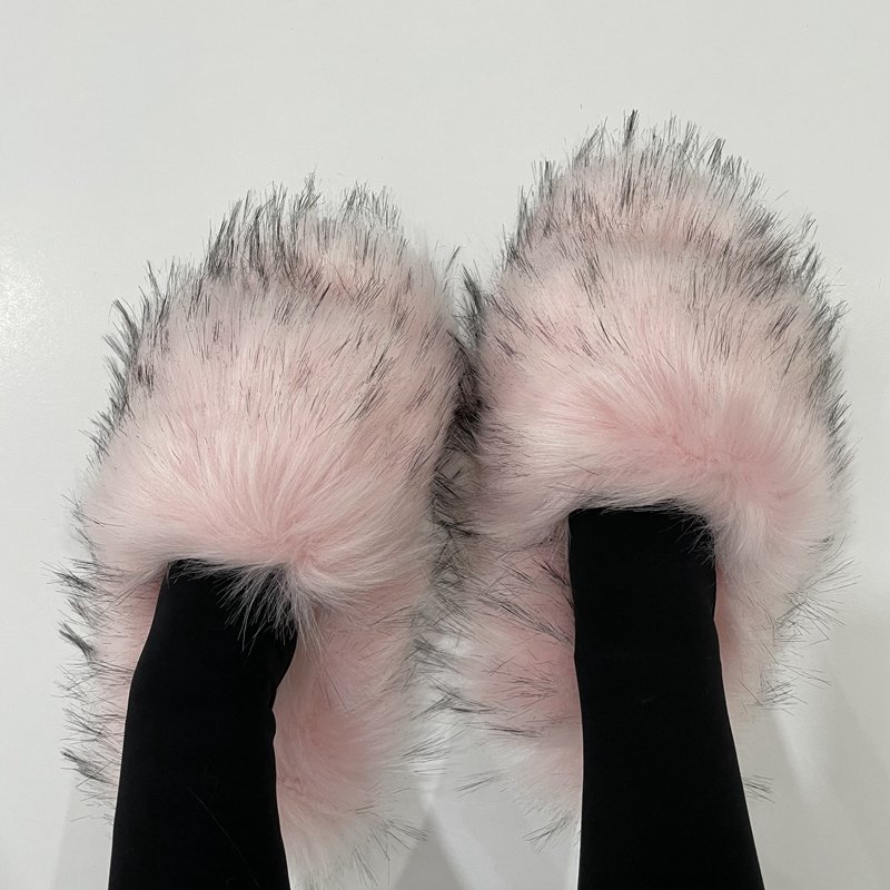 Women's Spring Summer Plus Size Luxury Furry Faux Raccoon Fur Slippers Plush Warm Home Cotton Shoes Indoor Fur Slides