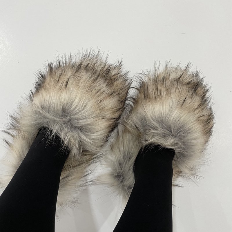 Women's Spring Summer Plus Size Luxury Furry Faux Raccoon Fur Slippers Plush Warm Home Cotton Shoes Indoor Fur Slides