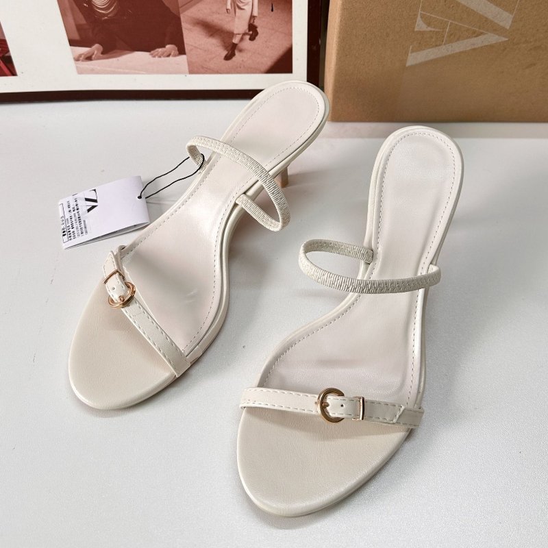 Famous ZA Women's Shoes 2024 Summer Square Toe Open Toe Thin High Heel Sandals White Designer Slides Slippers