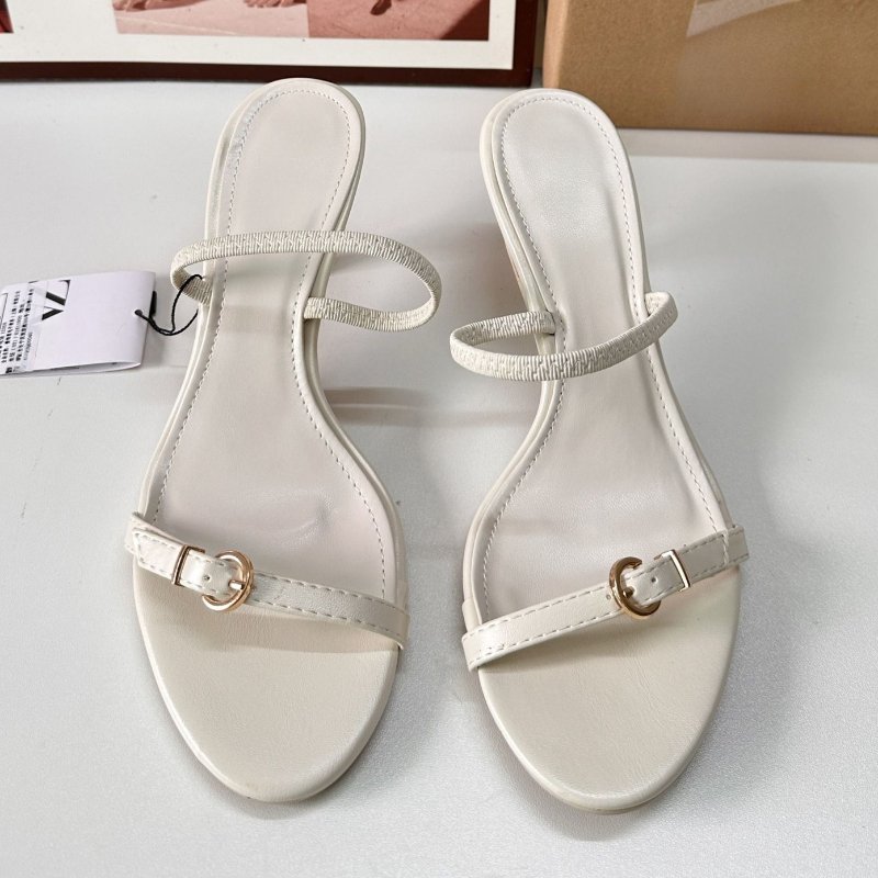 Famous ZA Women's Shoes 2024 Summer Square Toe Open Toe Thin High Heel Sandals White Designer Slides Slippers