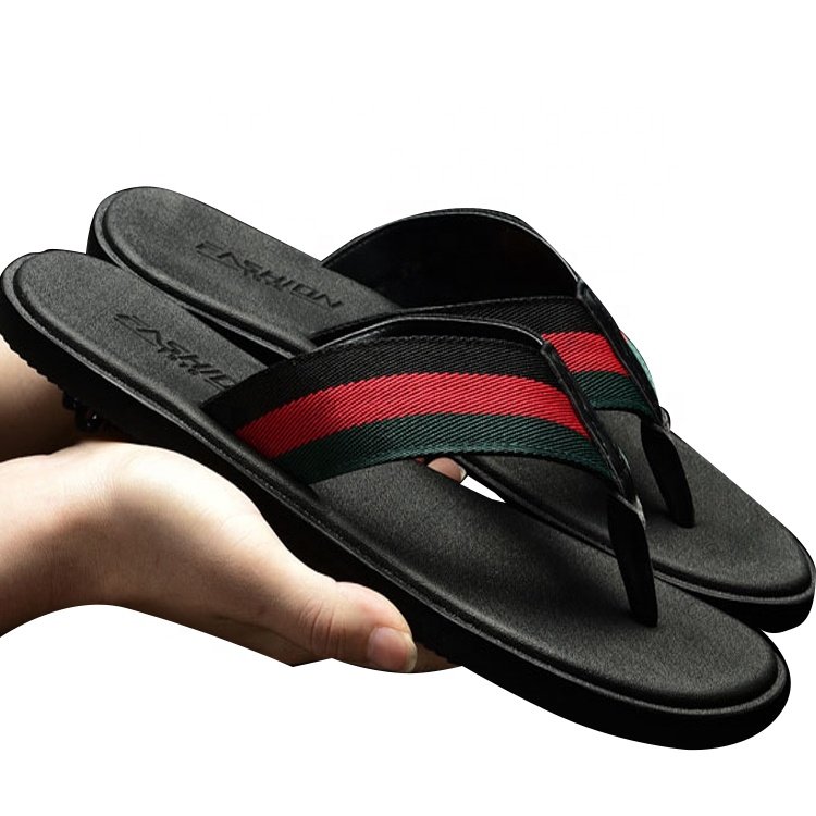 Customized high quality men's sandal black leather shoes men large summer beach slide slippers flip flop for men