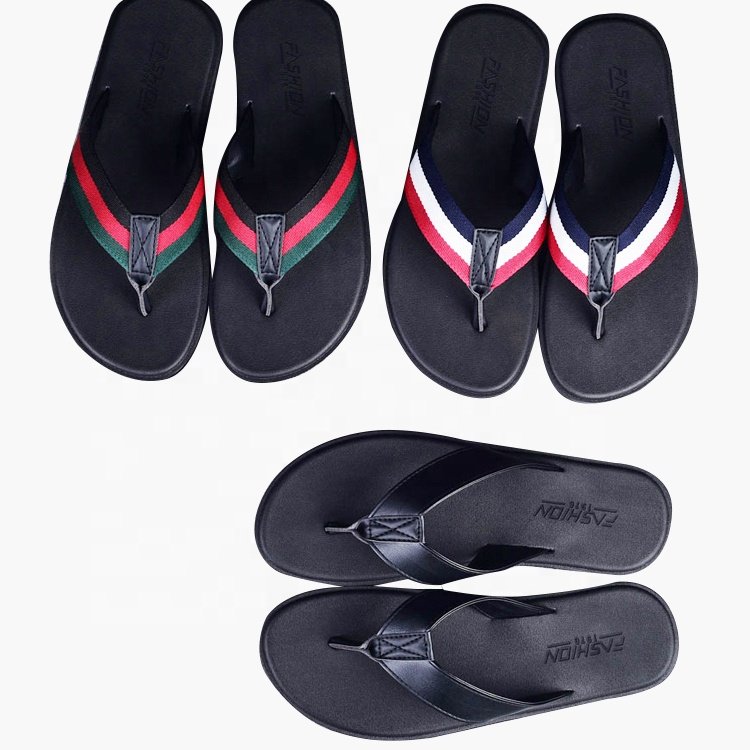 Customized high quality men's sandal black leather shoes men large summer beach slide slippers flip flop for men