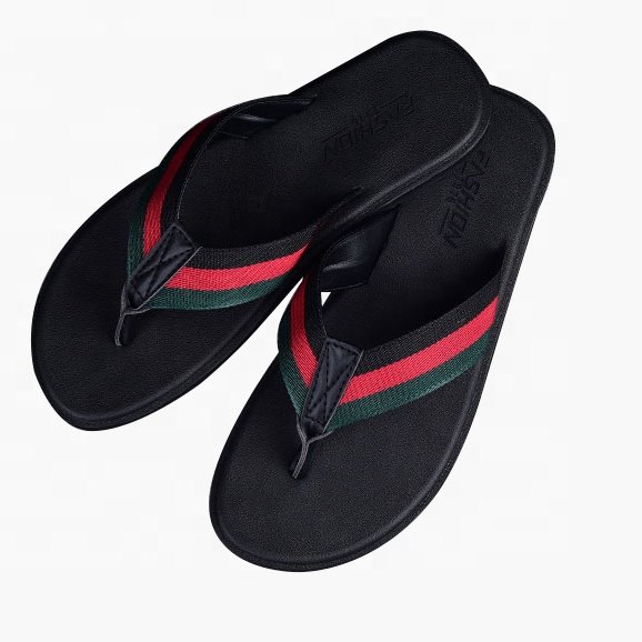 Customized high quality men's sandal black leather shoes men large summer beach slide slippers flip flop for men