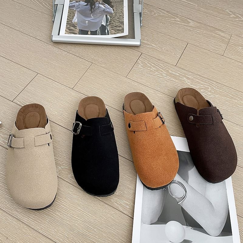 Women Suede Mules Buckle Strap Flat Slipper Shoes Women's Slip on Khaki Sandals Factory