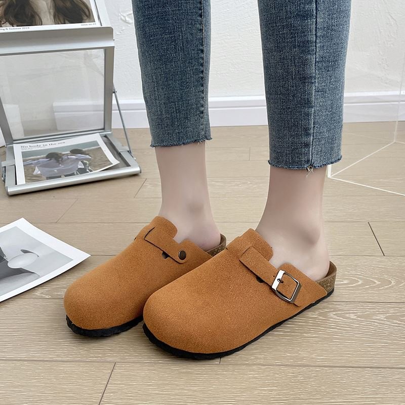 Women Suede Mules Buckle Strap Flat Slipper Shoes Women's Slip on Khaki Sandals Factory