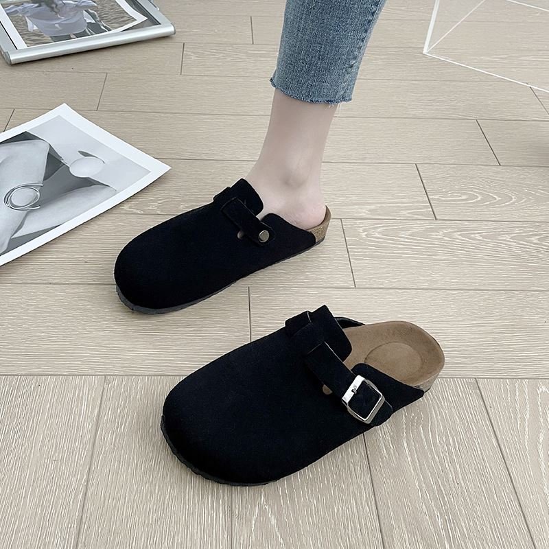 Women Suede Mules Buckle Strap Flat Slipper Shoes Women's Slip on Khaki Sandals Factory