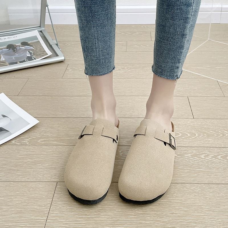 Women Suede Mules Buckle Strap Flat Slipper Shoes Women's Slip on Khaki Sandals Factory