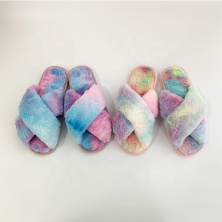 2020 new style plus size fashion shoes solid flat daily sleepwear fur women's slippers cross colourful sandals pretty slides