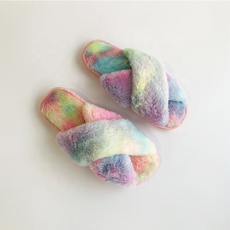 2020 new style plus size fashion shoes solid flat daily sleepwear fur women's slippers cross colourful sandals pretty slides