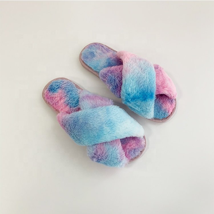 2020 new style plus size fashion shoes solid flat daily sleepwear fur women's slippers cross colourful sandals pretty slides