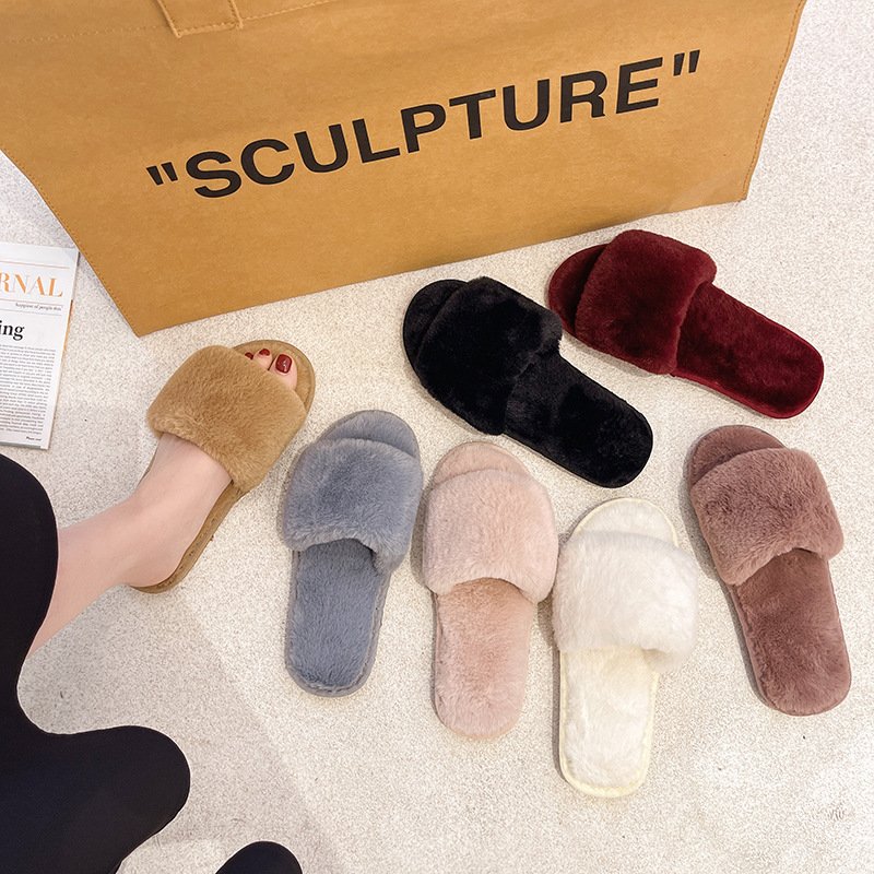 Ladies Fashion Open Toe Fur Slides Slippers Fluffy House Indoor Home Women Winter Slipper Plush Faux Fur Home Slippers
