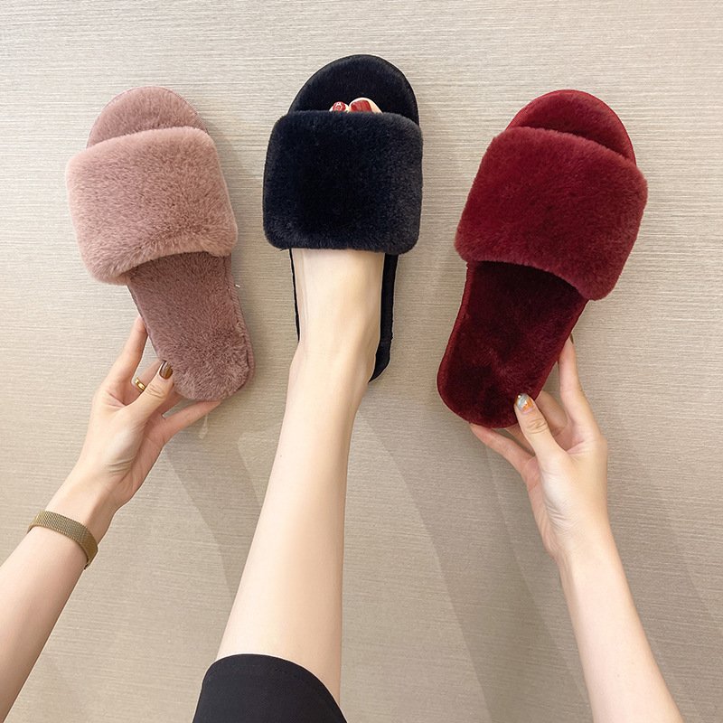 Ladies Fashion Open Toe Fur Slides Slippers Fluffy House Indoor Home Women Winter Slipper Plush Faux Fur Home Slippers