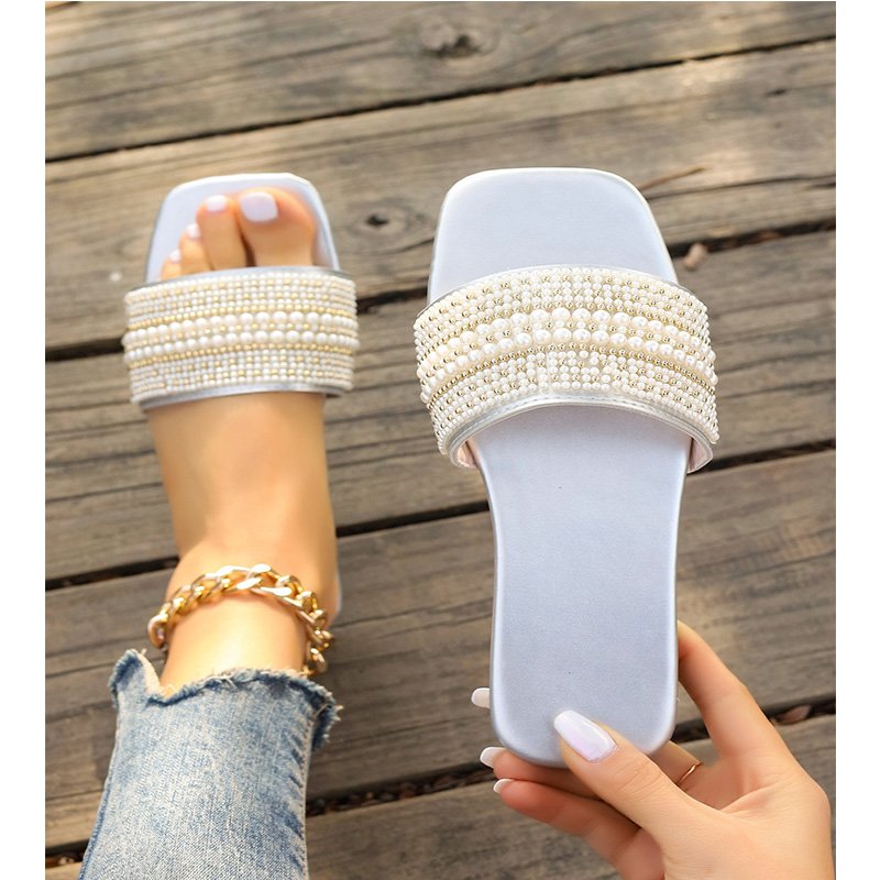 Women's Leather Strap Flat Slide Sandals Square Open Toe Lightweight Slip On Summer Casual Beach Slide Dressy Sandals