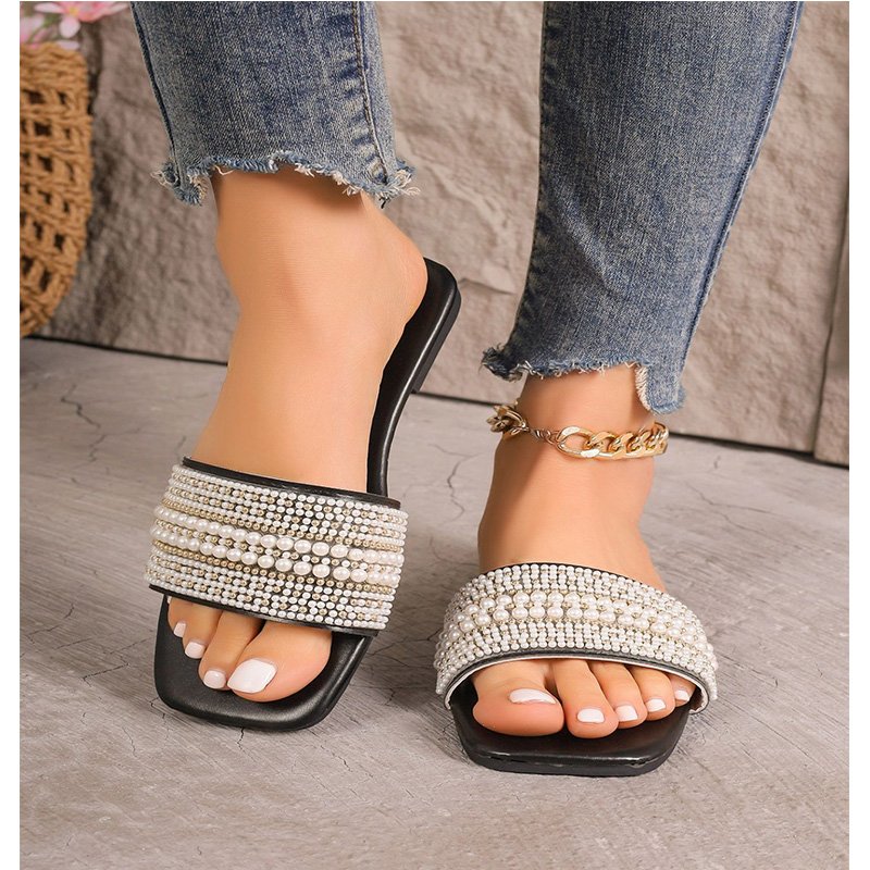 Women's Leather Strap Flat Slide Sandals Square Open Toe Lightweight Slip On Summer Casual Beach Slide Dressy Sandals