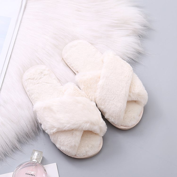 Adult Size Women Bedroom furry Slippers Winter Indoor Home Shoes non slip thick sole simple and ladies fur slides