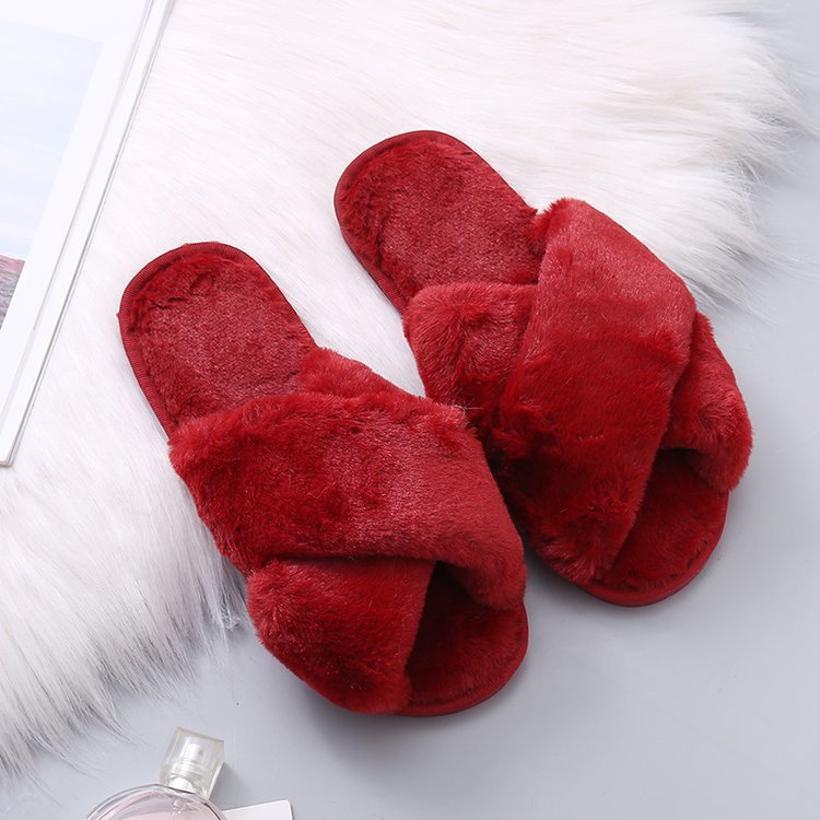 Adult Size Women Bedroom furry Slippers Winter Indoor Home Shoes non slip thick sole simple and ladies fur slides