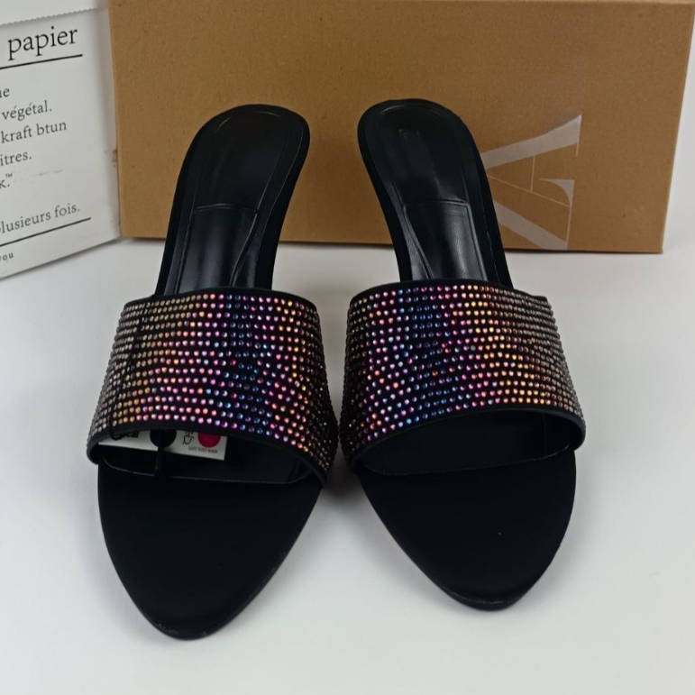 Large Size 42 Famous ZA Shoes For Women 2024 Summer Designer Luxury High Heeled Slippers Rhinestone Outdoor Slides Slippers