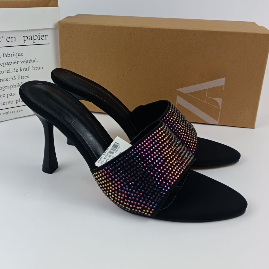 Large Size 42 Famous ZA Shoes For Women 2024 Summer Designer Luxury High Heeled Slippers Rhinestone Outdoor Slides Slippers
