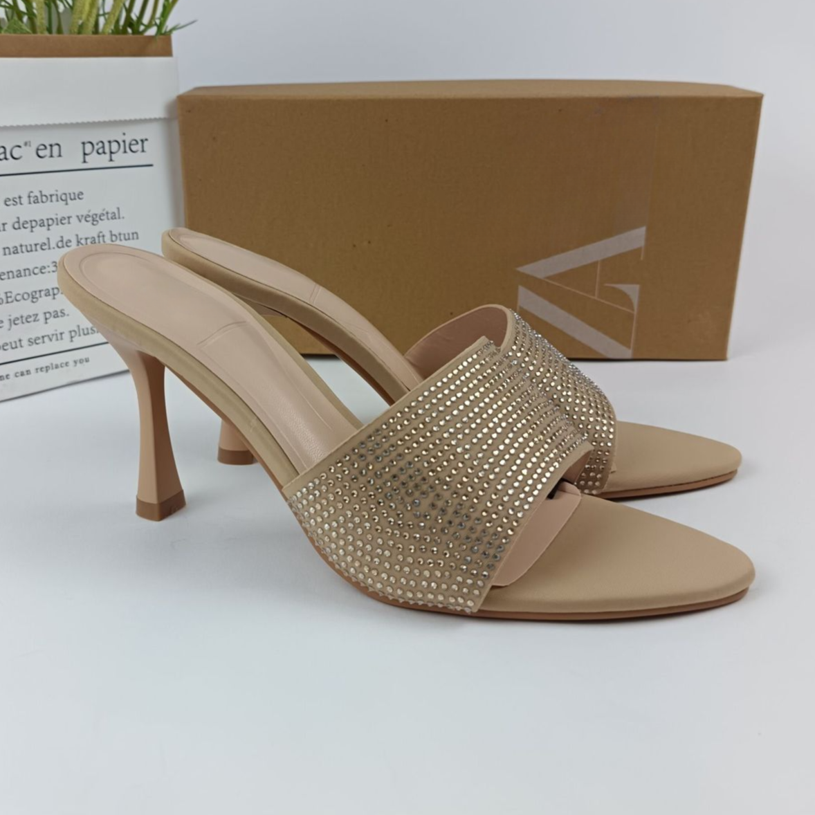 Large Size 42 Famous ZA Shoes For Women 2024 Summer Designer Luxury High Heeled Slippers Rhinestone Outdoor Slides Slippers