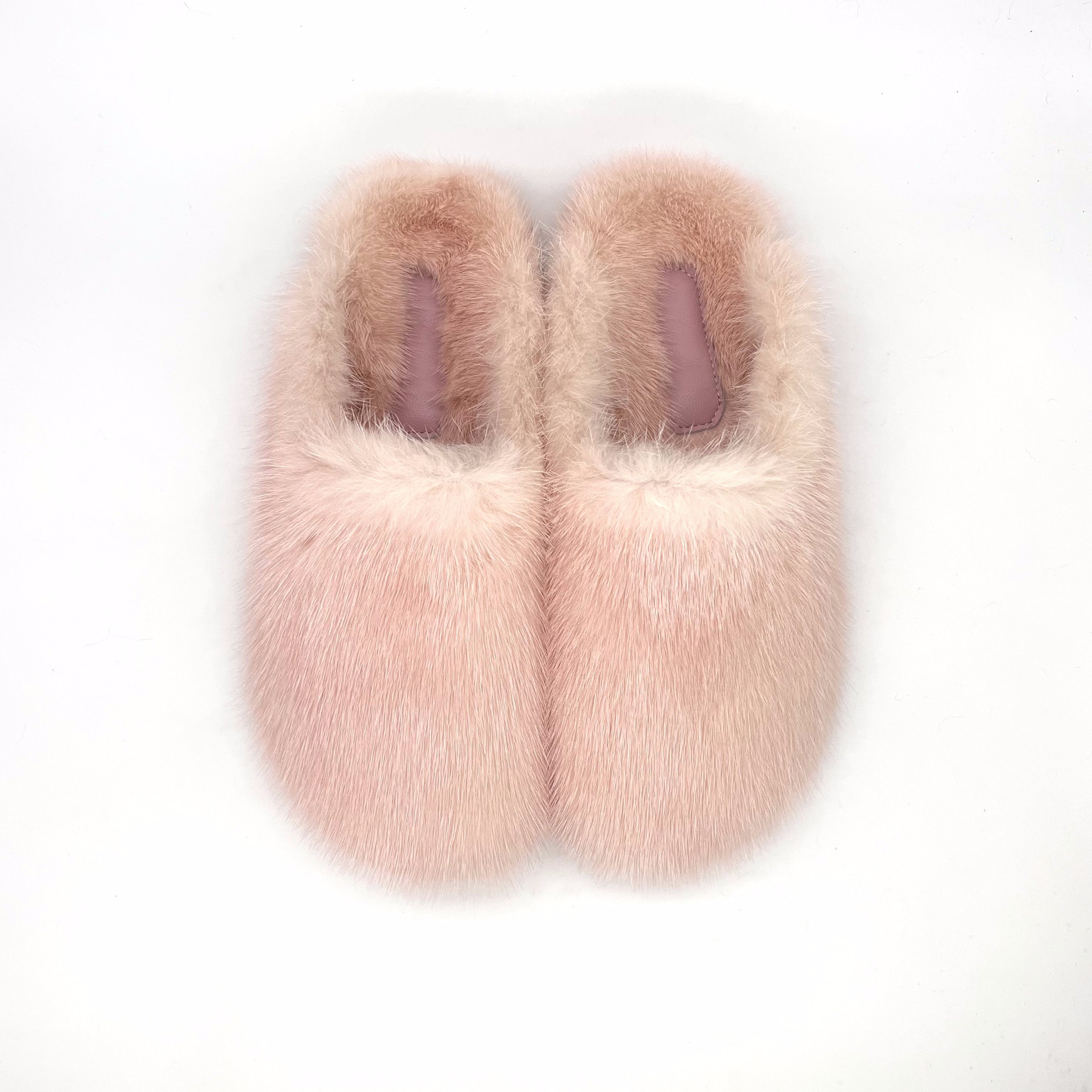Rushed fur slipper heel Fur Slide Slipper For Woman Summer Crystal Buckle real mink fur slippers slides