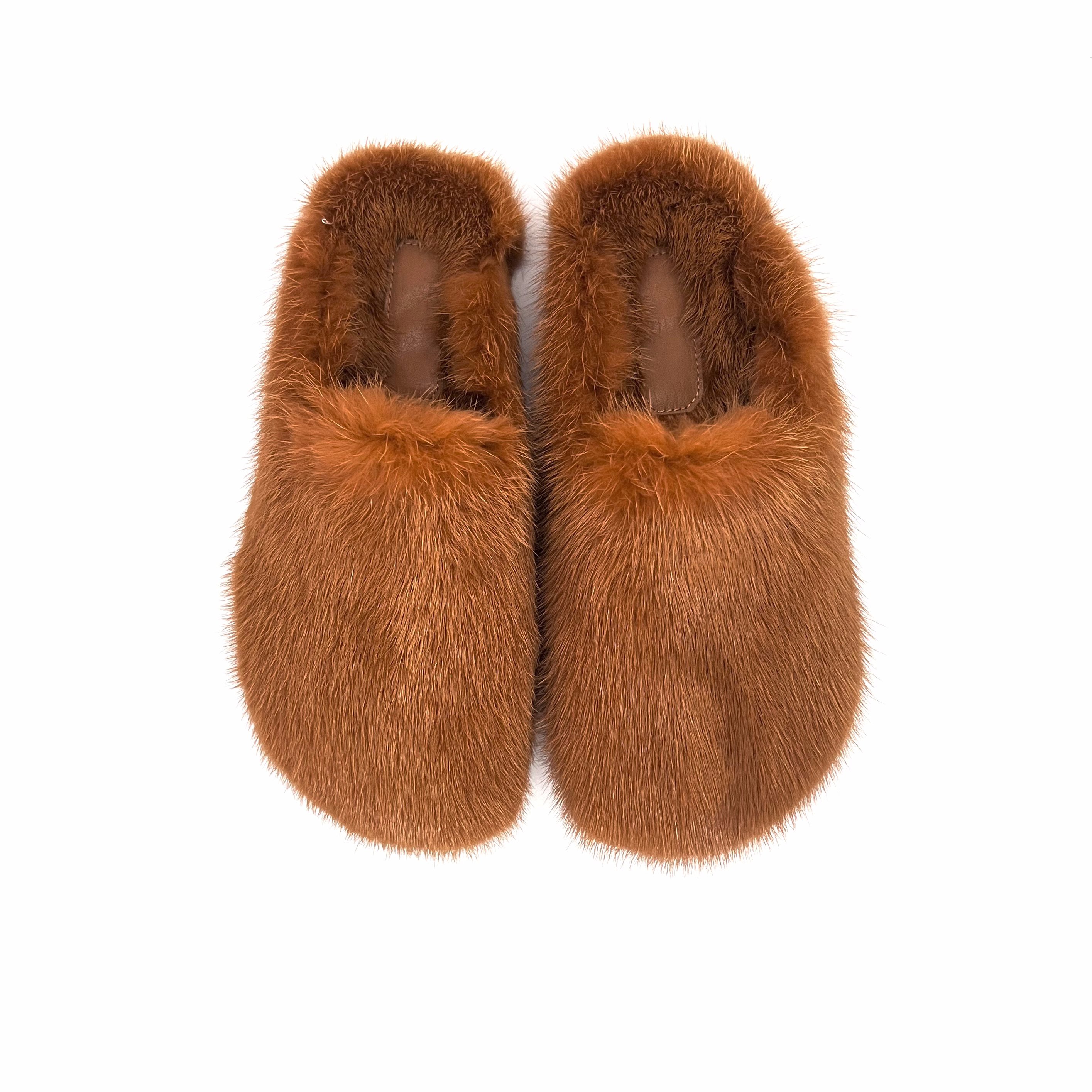 Rushed fur slipper heel Fur Slide Slipper For Woman Summer Crystal Buckle real mink fur slippers slides