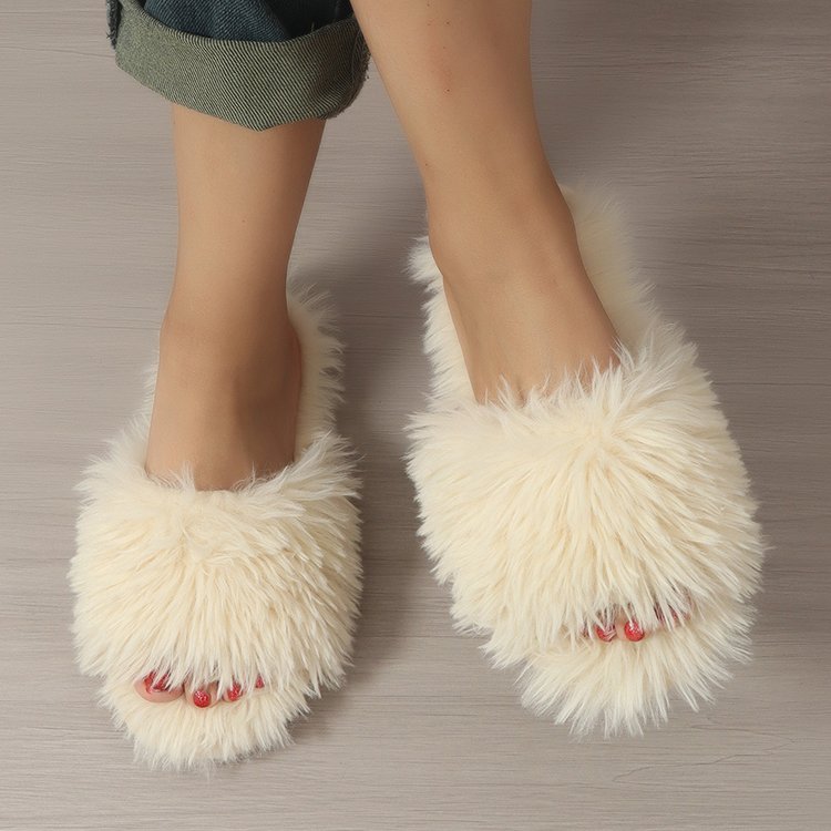 Fashionable Luxury Women's Memory Foam House Soft Fluffy Open Toe Indoor Plush Faux Fur Slides Slippers