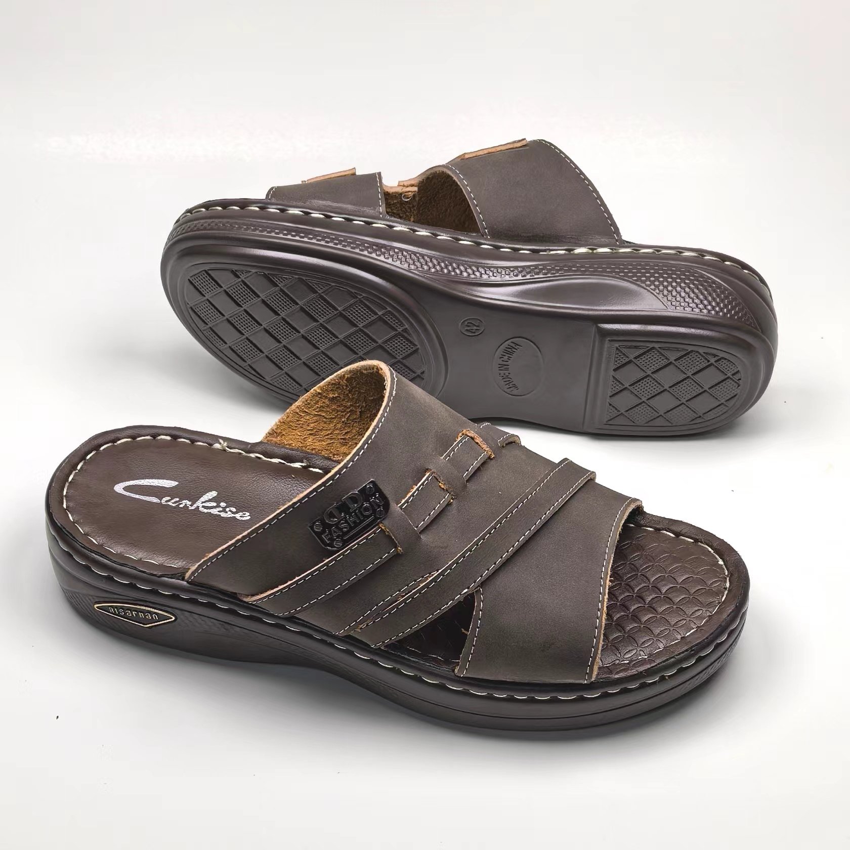 Platform Slide Slippers For Men 2024 Leather Chunky Slippers Sandals Fashion Wedge Slippers