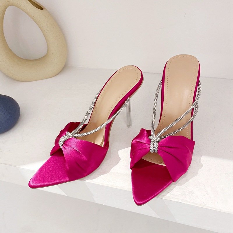 High Heels Shoes Women Blue Soft Satin Bow Shiny Rhinestone Mules V-strap Summer Women Sandals Slip-on Slides Slippers