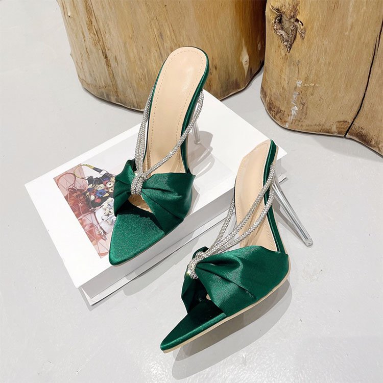 High Heels Shoes Women Blue Soft Satin Bow Shiny Rhinestone Mules V-strap Summer Women Sandals Slip-on Slides Slippers