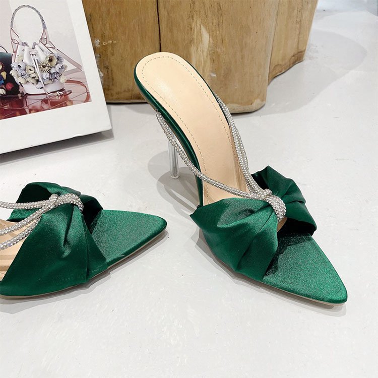 High Heels Shoes Women Blue Soft Satin Bow Shiny Rhinestone Mules V-strap Summer Women Sandals Slip-on Slides Slippers