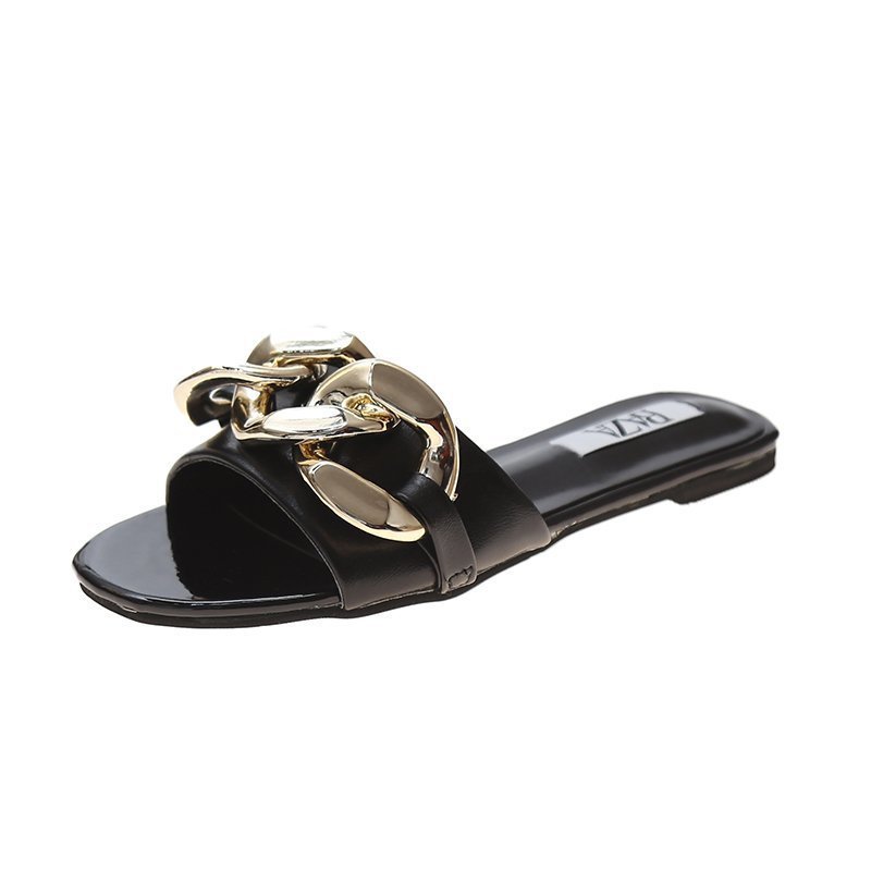Korean Latest Summer Metal OAutersole Women Pu Leather Slide Slippers Gold Chain Flat Shoes Add My Logo Name On Womens Sandals