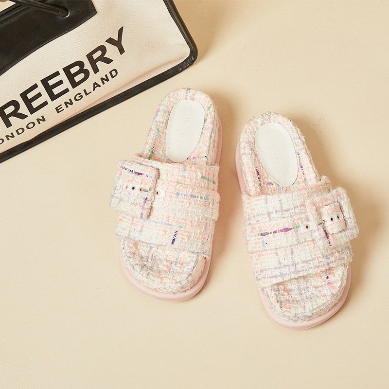 Hot Sale Breathable Comfort Beach Summer Woman Thick Heel Buckle Upper Slides Slippers