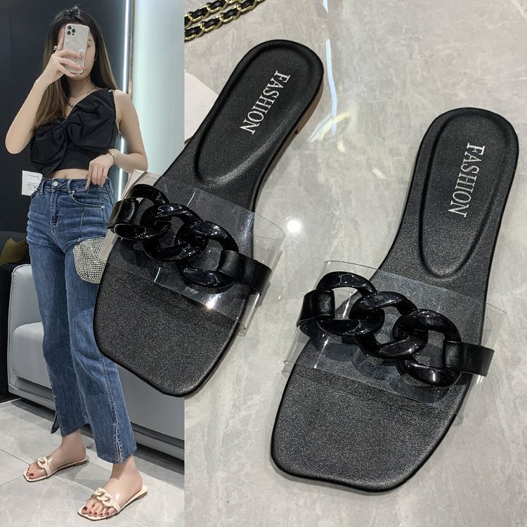 Hot Style Square Head Hollow Chain Decoration Women Lightweight Indoor Slippers Fashion Flat Sandals Ladies Slippers