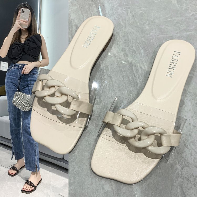 Hot Style Square Head Hollow Chain Decoration Women Lightweight Indoor Slippers Fashion Flat Sandals Ladies Slippers