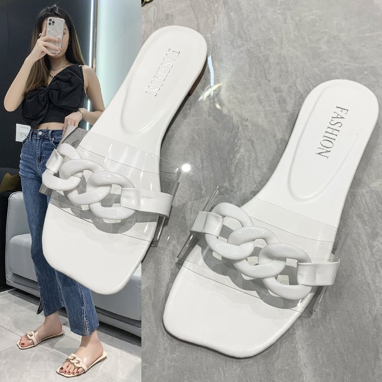 Hot Style Square Head Hollow Chain Decoration Women Lightweight Indoor Slippers Fashion Flat Sandals Ladies Slippers