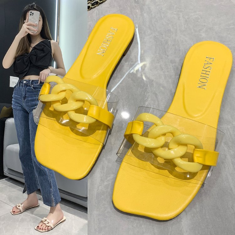 Hot Style Square Head Hollow Chain Decoration Women Lightweight Indoor Slippers Fashion Flat Sandals Ladies Slippers