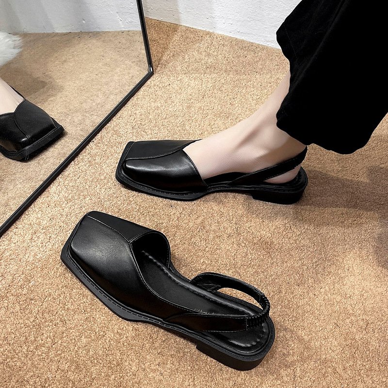Wholesale 2024 casual square toe flat sole square heel women's shoes designer PU leather close toe women sandals