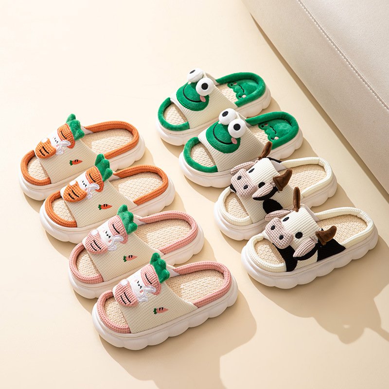 Hot Sale Four Seasons Linen Opening PVC Bottom Summer Sandals Cute Frog Cow Home Linen Slippers For Kids