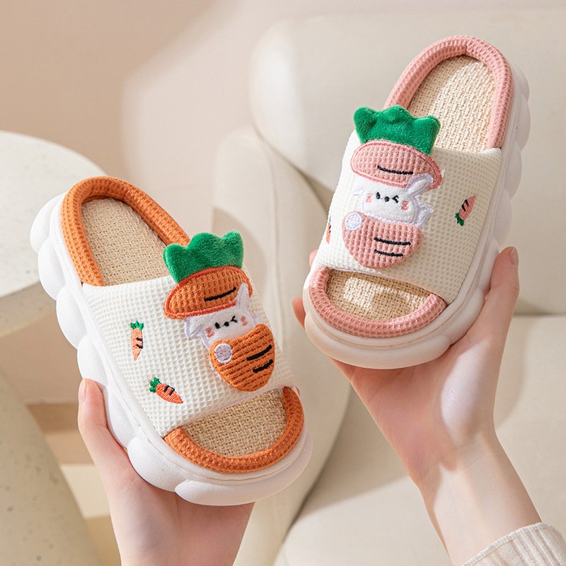 Hot Sale Four Seasons Linen Opening PVC Bottom Summer Sandals Cute Frog Cow Home Linen Slippers For Kids
