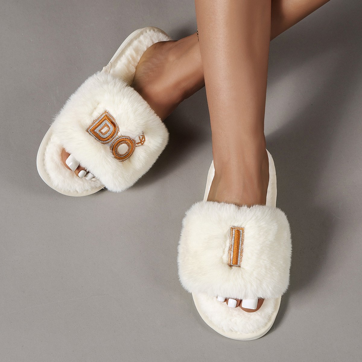 Wedding Slippers Women's Bride Bridesmaid I Do Slides Faux Rabbit Fur Non-slip Sole Wedding Gift Open-toes Slides Slipper