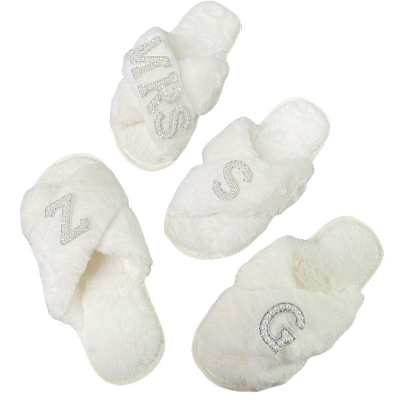 Wedding Slippers Women's Bride Bridesmaid I Do Slides Faux Rabbit Fur Non-slip Sole Wedding Gift Open-toes Slides Slipper